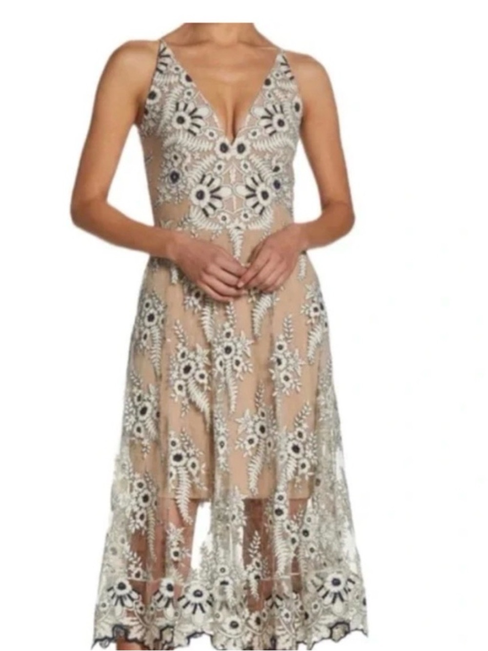 Dress the Population Tan Floral Embroidered High-Low Dress